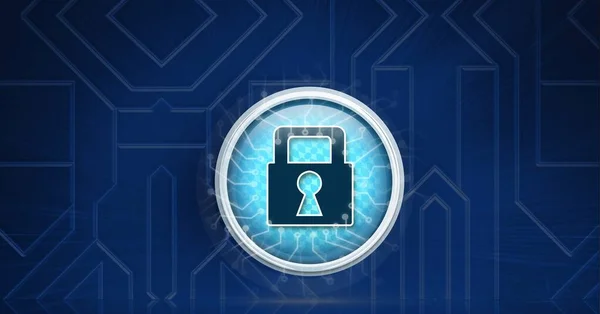 蓝色挂锁图标的组成与电路在暗蓝色电路板的背景 全球计算机和数字安全概念数字生成的图像 — 图库照片