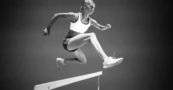 Composition Female Hurdle Jumper Copy Space Black White Sport Competition — Stock Photo, Image