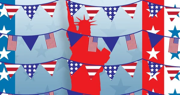 Sammansättning Amerikanska Flaggan Bunting Över Staty Frihet Patriotism Och Firande — Stockfoto