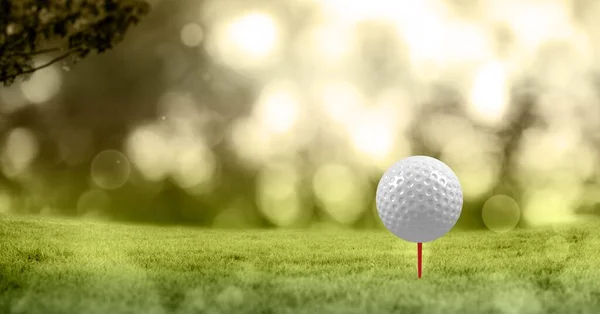 Sammansättning Golfboll Gräs Röd Tee Och Kopiera Utrymme Idrotts Och — Stockfoto