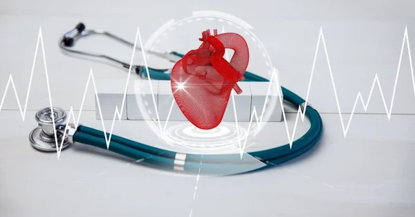 Σύνθεση Του Στηθοσκοπίου Στο Τραπέζι Ιατρική Οθόνη Διεπαφής Δεδομένων Καρδιάς — Φωτογραφία Αρχείου