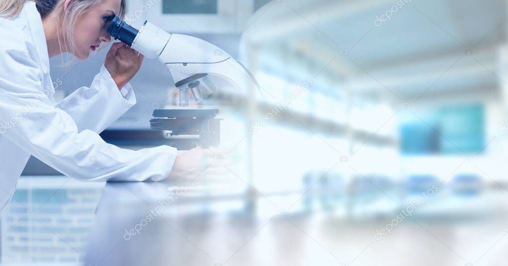 Composition of female lab technician using microscope, with blurred copy space to right. medical and science research concept digitally generated image.