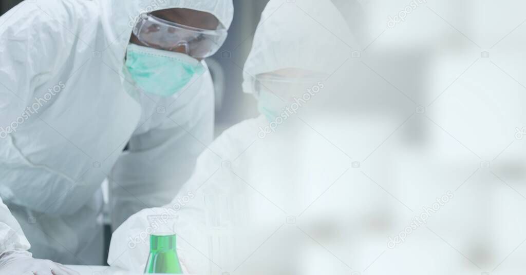 Composition of scientists in ppe suits working in laboratory and copy space. research and science concept digitally generated image.
