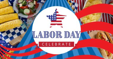 Composition of labor day celebrate text with snack food and american flag pattern. patriotism and celebration concept digitally generated image.