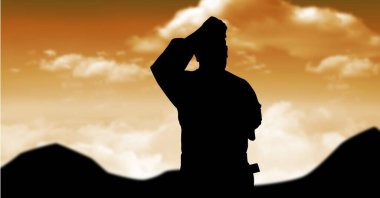 Turuncu gökyüzü üzerinde güneş batarken erkek dövüş sanatçısının silueti. spor ve yarışma konsepti dijital olarak oluşturulmuş görüntü.