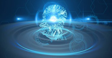 Mavi ışıklarla kaplı karanlık sularda yüzüklerin üzerinde parlayan kafa şeklindeki bilgisayar anakartının bileşimi. küresel iletişim ve bilgisayar teknolojisi konsepti dijital olarak oluşturulmuş görüntü.