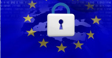 Harita bileşimi, ikili sayılar ve Avrupa Birliği haritasının arka planında beyaz asma kilit. Avrupa bilgisayar ve dijital güvenlik kavramı dijital olarak oluşturuldu.