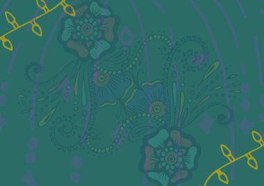 Yeşil arka planda fotokopi alanı olan sarı peri ışıklarının Hint deseni üzerindeki bileşimi. parti ve kutlama konsepti dijital olarak oluşturulmuş görüntü.