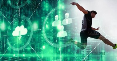 Erkek atlet kompozisyonu, insanların ikonlarıyla atlama engeli. Spor ve rekabet konsepti dijital olarak oluşturulmuş imaj.