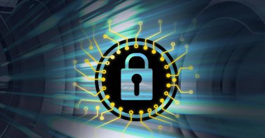 Koyu hareketli sarı devreli asma kilit simgesinin bileşimi bulanık arkaplan. küresel bilgisayar ve dijital güvenlik konsepti dijital olarak oluşturulmuş görüntü.