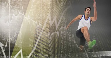 Veri işleme ile atlayan erkek atlet kompozisyonu. Spor ve rekabet konsepti dijital olarak oluşturulmuş imaj.