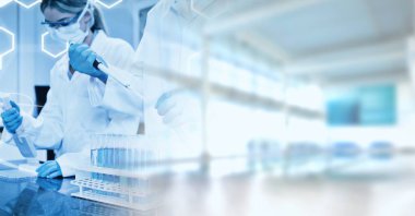 Erkek ve kadın laboratuvar teknisyenlerinin kompozisyonu, sağında bulanık kopya alanı var. Tıbbi ve bilimsel araştırma konsepti dijital olarak oluşturulmuş görüntü.