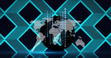 Dünya haritası bileşimi ve ikili kod üzerinde mavi 3d ızgara üzerinde siyah arkaplan. küresel bilgisayar ve dijital güvenlik konsepti dijital olarak oluşturulmuş görüntü.