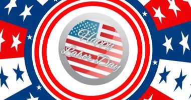 Amerikan bayrağı üzerinde daireler çizerek Mutlu İşçi Günü metni. Vatanseverlik ve kutlama konsepti dijital olarak oluşturulmuş imaj.