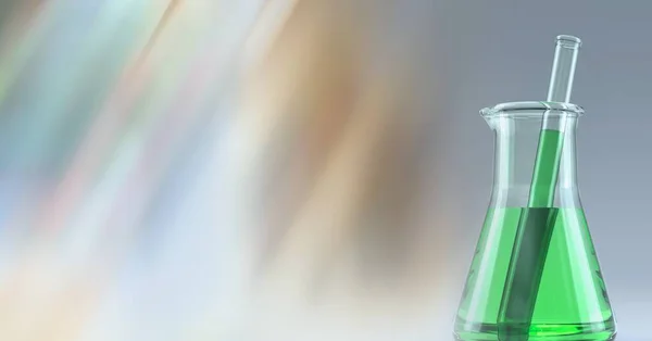 Composition Conical Flask Green Liquid Stirrer Blurred Copy Space Medical — Fotografia de Stock