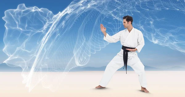 Sammansättning Manliga Kampsport Karate Artist Med Svart Bälte Praktiserar Stranden — Stockfoto