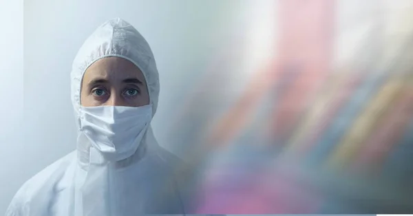 Composition Person Wearing Ppe Suit Mask Blurred Colourful Copy Space — Stock Photo, Image