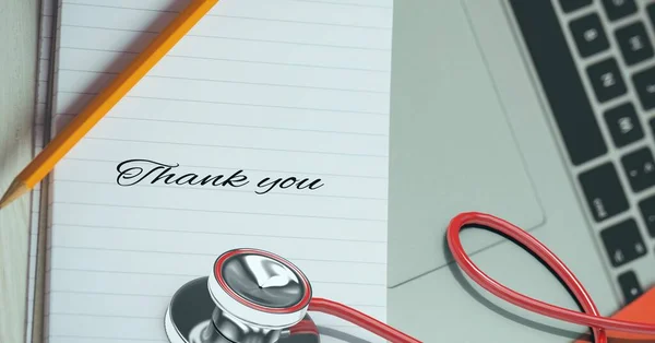 Zusammenstellung Von Dankesworten Mit Stethoskop Und Laptop Dankbarkeitskonzept Für Medizin — Stockfoto