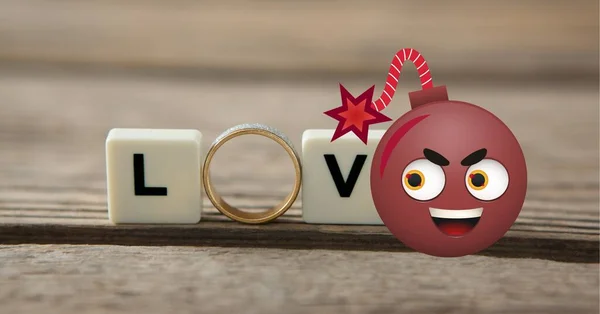 Composition Wedding Ring Love Text Squares Bomb Emoji Marriage Love —  Fotos de Stock