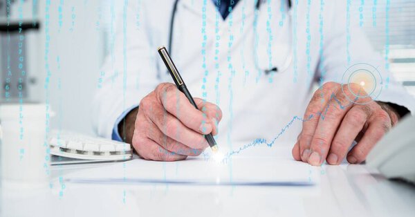 Composition of male doctor writing notes, with medical research data interface screen. global medicine, research and digital interface concept digitally generated image.