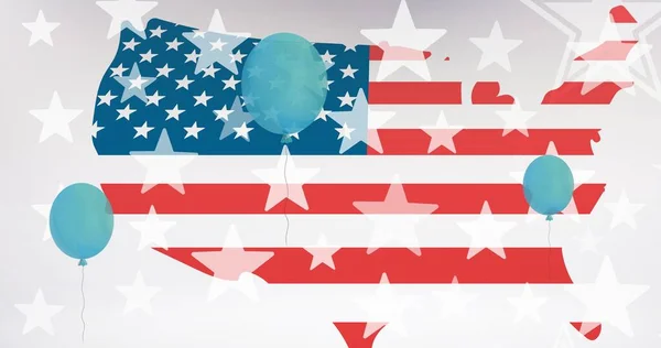 Sammansättning Blå Ballonger Och Stjärnor Över Kartan Med Amerikansk Flagga — Stockfoto