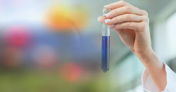Composition Hand Lab Technician Holding Test Tube Blue Liquid Colourful — Stock Photo, Image