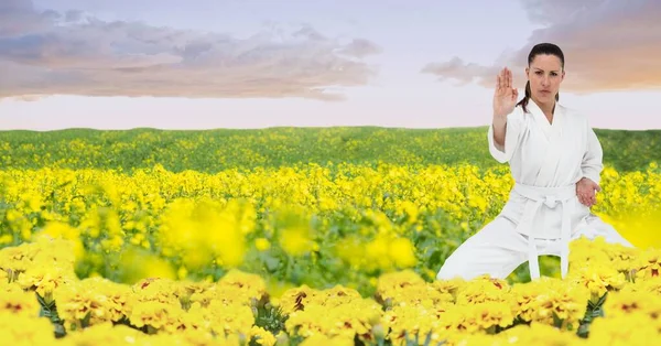 Composition Une Artiste Karaté Martiale Avec Ceinture Blanche Pratiquant Campagne — Photo