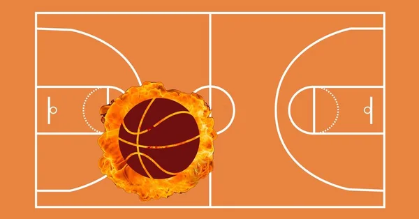 Zusammensetzung Des Basketballs Flammen Über Orangefarbenem Basketballfeld Sport Und Wettkampfkonzept — Stockfoto