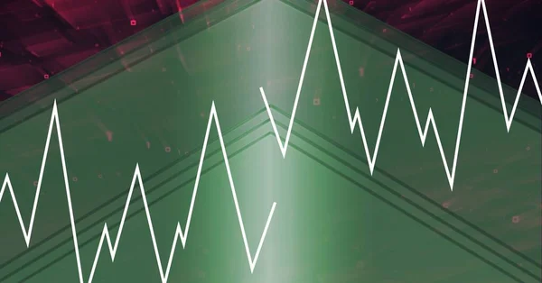 Composition of white sound frequency level peak meters over shiny green chevrons on dark red. sound visualisation interface concept digitally generated image.