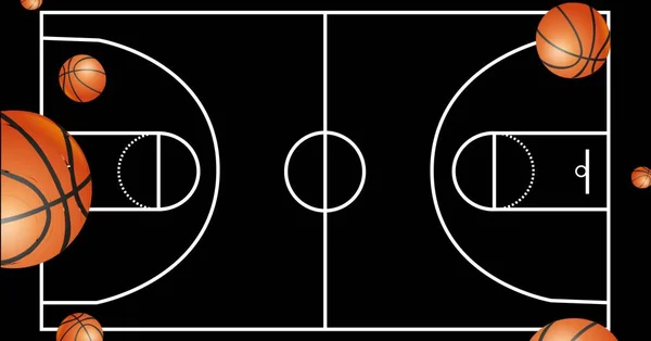 Composition of orange basketballs over black basketball court. sport and competition concept digitally generated image.