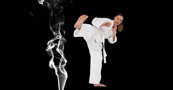 Composition Female Martial Karate Artist White Belt Kicking Smoke Copy — Stock Photo, Image