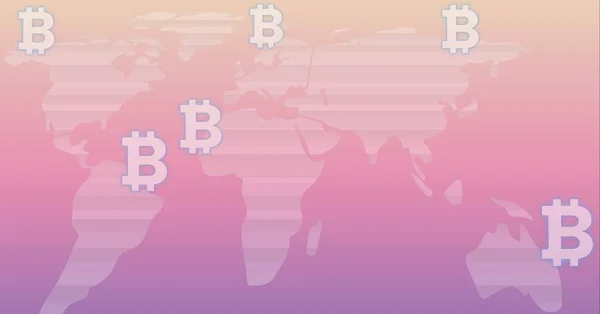 Composição Símbolos Bitcoin Mapa Mundial Fundo Rosa Criptomoeda Global Tecnologia — Fotografia de Stock