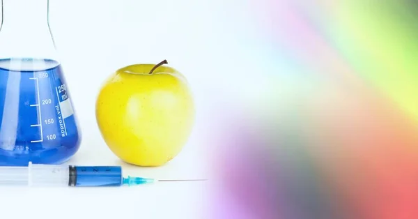 Composition Apple Blue Liquid Chemistry Flask Blurred Colourful Copy Space — Stock Photo, Image