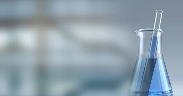 Composition Conical Flask Blue Liquid Stirrer Blurred Copy Space Medical — Stock Photo, Image