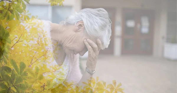 木のオーバーレイで手に頭を傾けて心配シニア原因アジアの女性の組成 定年退職や高齢者のライフスタイルの概念をデジタルで — ストック写真