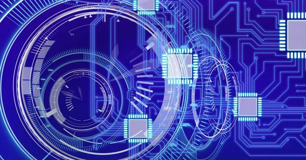 Samenstelling Van Computer Moederbord Circuits Microchips Met Cirkelvormige Scopen Blauw — Stockfoto