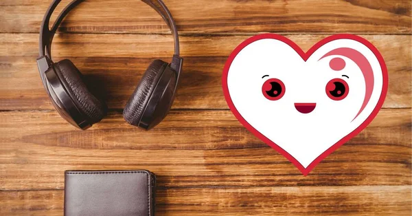 Composition Smiling Heart Headphones Wooden Surface Love Technology Concept Digitally — Stock Photo, Image