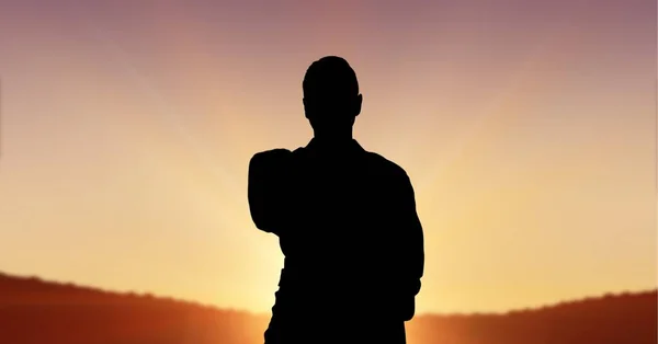 Composition Silhouette Male Martial Artist Sky Sun Setting Sport Competition — Stock Photo, Image