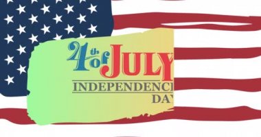 4 Temmuz Bağımsızlık Günü Animasyonu. Boya sıçraması ve Amerikan bayrağı üzerine yazılmış metin. Vatanseverlik ve kutlama konsepti dijital olarak oluşturulmuş video.