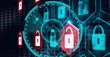 Çevrimiçi güvenlik asma kilit simgeleri ve dürbün taramasının bileşimi. küresel çevrimiçi güvenlik, bağlantı, teknoloji ve dijital arayüz kavramı dijital olarak oluşturulmuş görüntü.