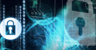 Bilgisayar devre kartında çevrimiçi güvenlik asma kilit simgeleri ve ikili kodlama bileşimi. küresel bağlantılar, teknoloji ve dijital arayüz kavramı dijital olarak oluşturulmuş görüntü.