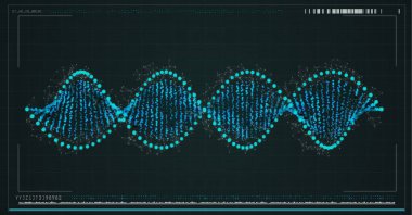 Ekranda dijital arayüzlü DNA ipliği bileşimi. küresel tıp, bağlantılar, veri işleme ve dijital arayüz kavramı dijital olarak oluşturuldu.