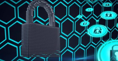 Composition of online security padlock icons over hexagons. global online security, connection, technology and digital interface concept digitally generated image.