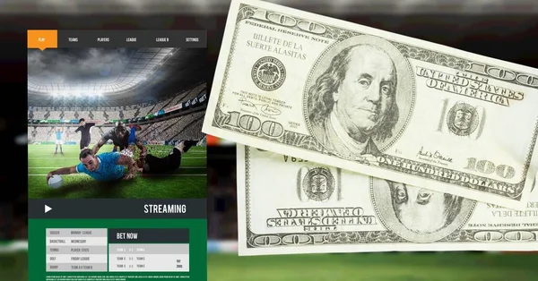 Zusammensetzung Amerikanischer Dollarscheine Gegenüber Rugbyspielern Auf Dem Bildschirm Und Sportstadion — Stockfoto