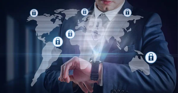 Composition Online Security Padlock Icons Businessman Checking Time Global Online — Stock Photo, Image