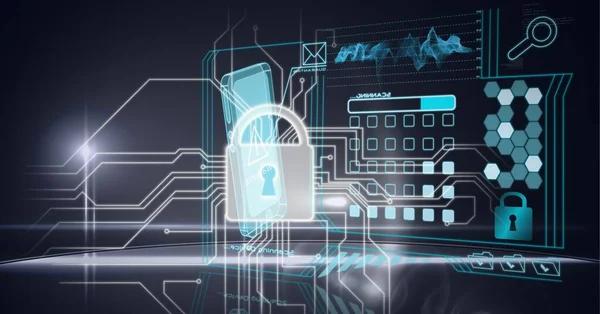 Composición Del Icono Seguridad Línea Sobre Procesamiento Datos Placa Circuito — Foto de Stock