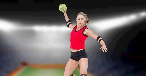 Composition of female volleyball player jumping throwing ball over blurred indoor court background. sport and competition concept digitally generated image.