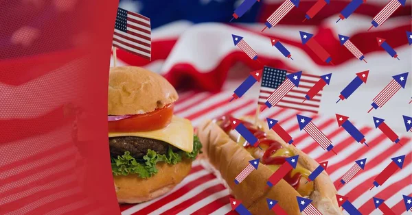 Composition Hamburger Hot Dog American Flags Copy Space Patriotism Celebration — Stock Photo, Image