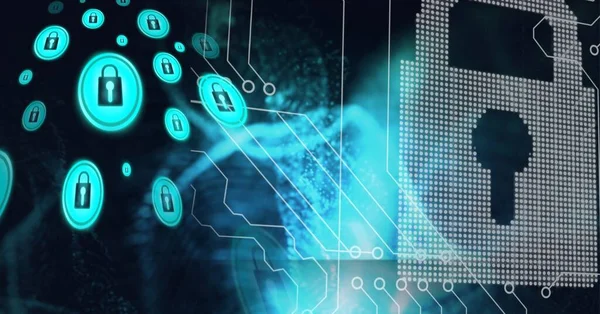 Composition Des Icônes Cadenas Sécurité Ligne Sur Carte Circuit Informatique — Photo