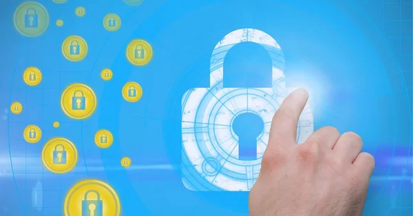 Composition Man Touching Online Security Icon Blue Background Global Online — Stock Photo, Image